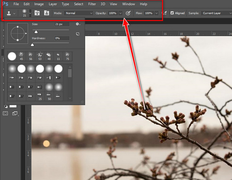 Using clone stamp tool in Photoshop